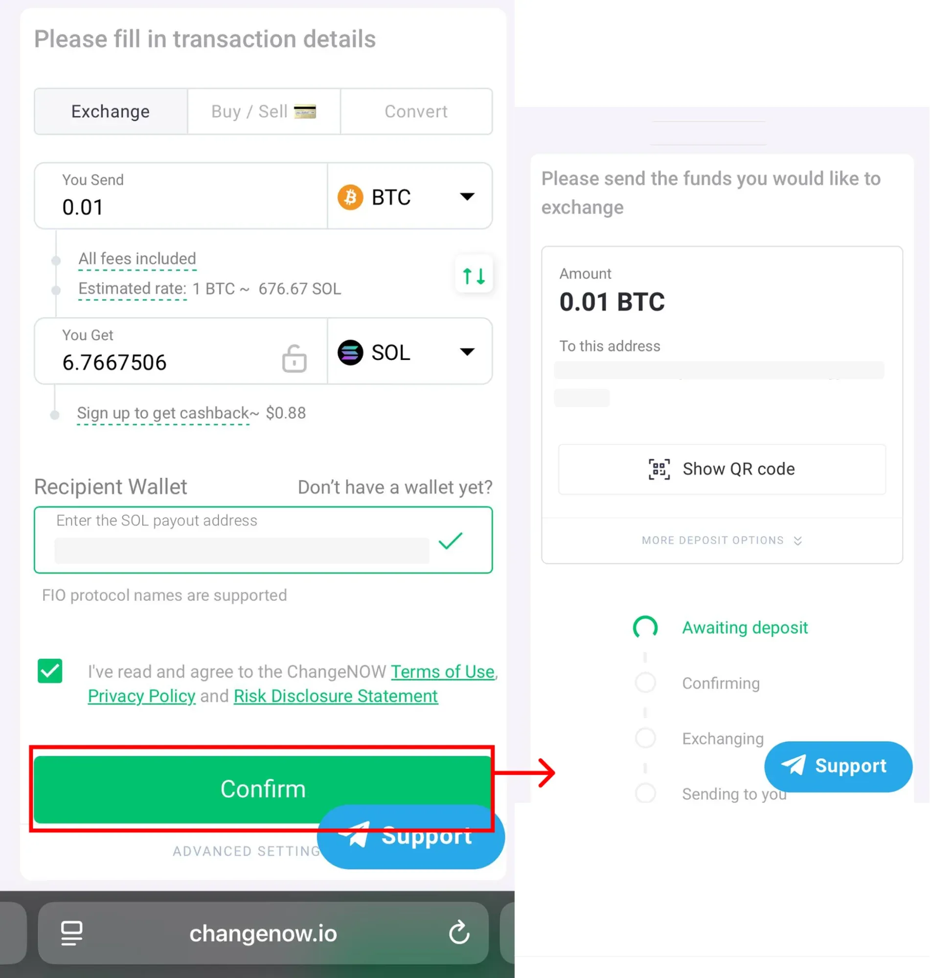 This picture shows ChangeNOW exchange interface