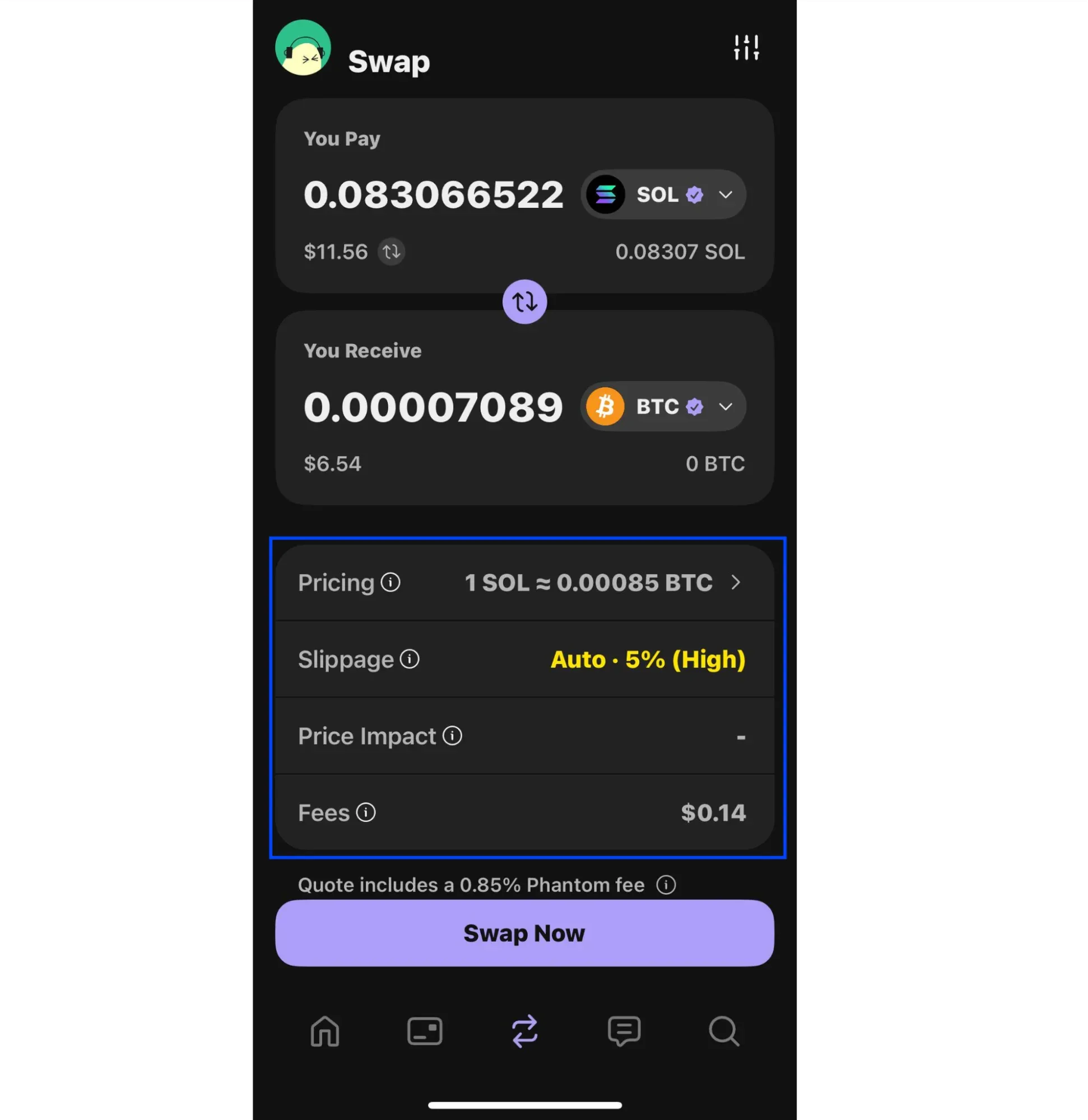 This picture shows how to review swap details in Phantom wallet