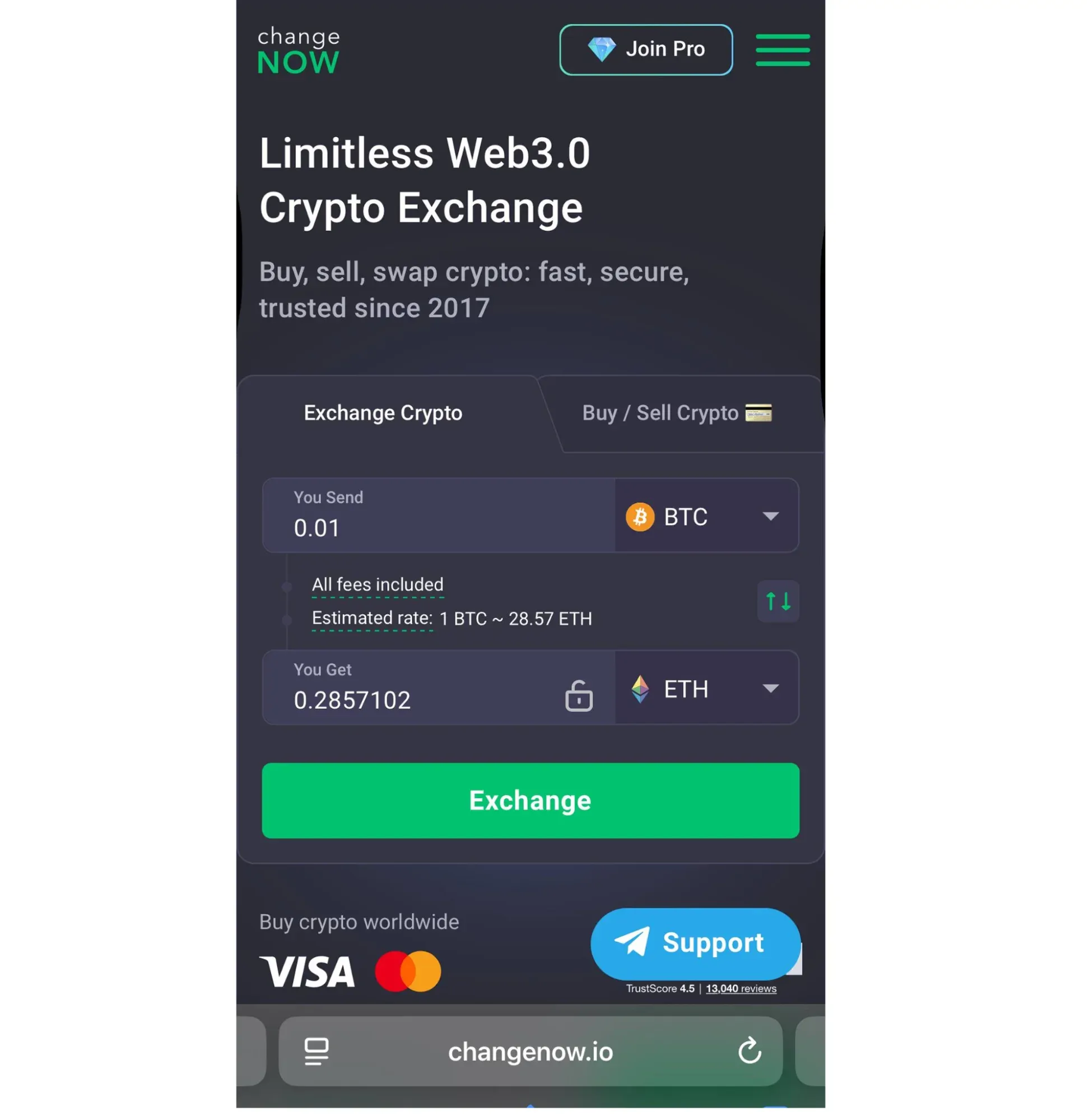 The picture shows the mobile interface of ChangeNOW