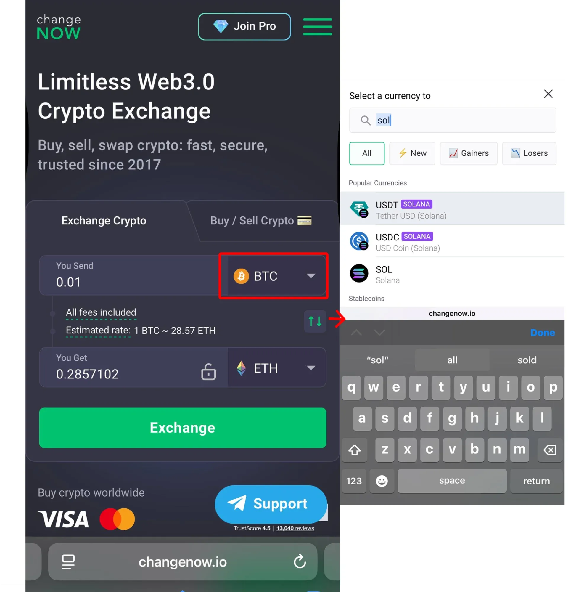This picture shows how to select the tokens you want to exchange in ChangeeNOW