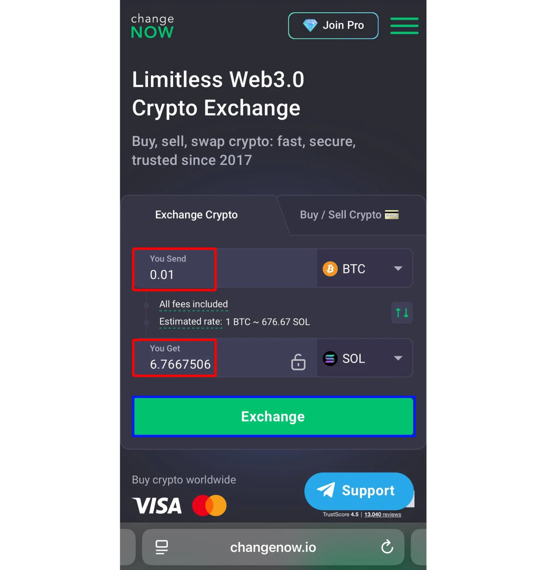 This picture shows how to choose the amounts and how to confirm the exchange in ChangeNOW