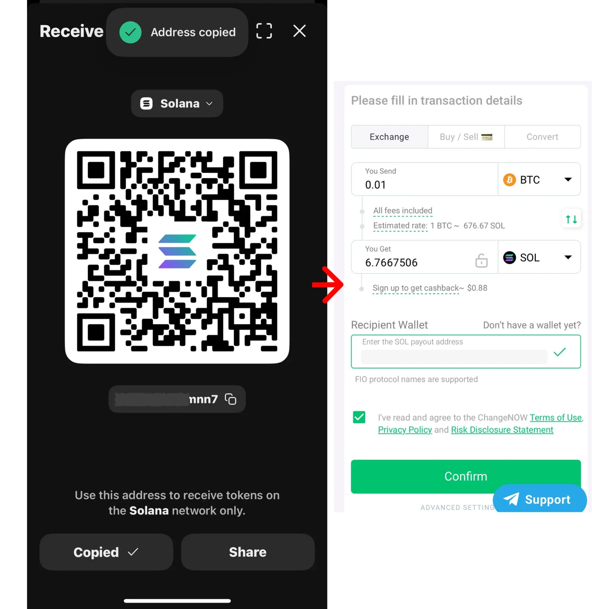 Picture shows how to copy Phantom wallet address and paste it into ChangeNOW interface