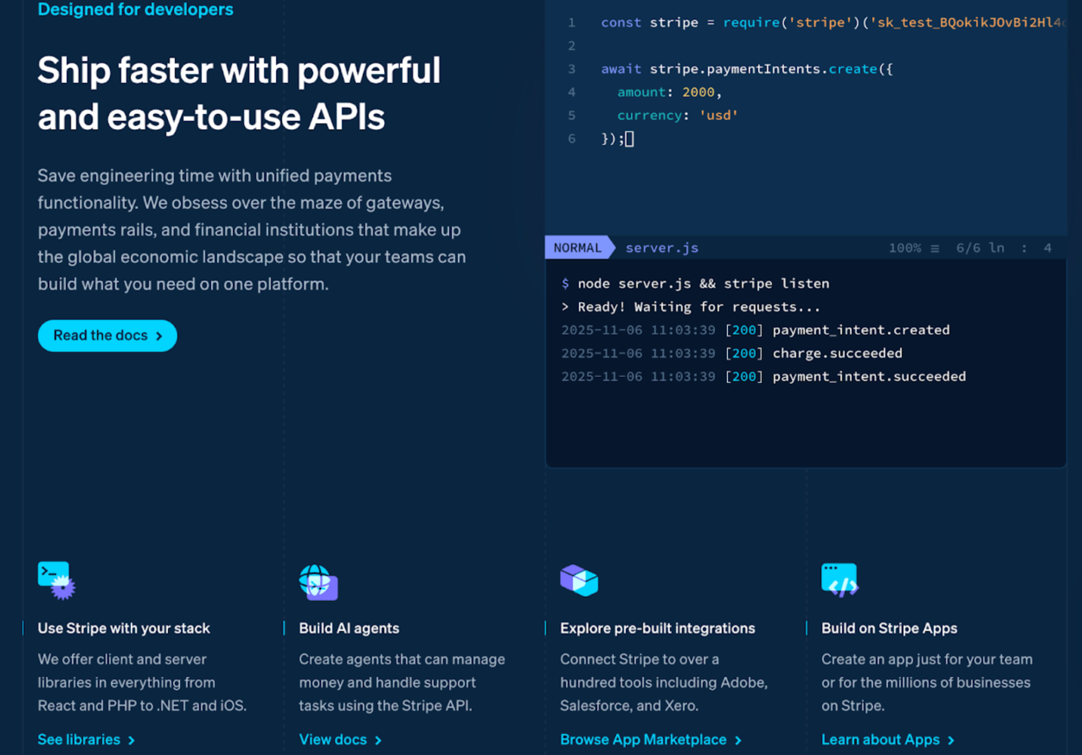 This image show Stripe is designed for developers and ship faster with powerful and easy-to-use APIs.