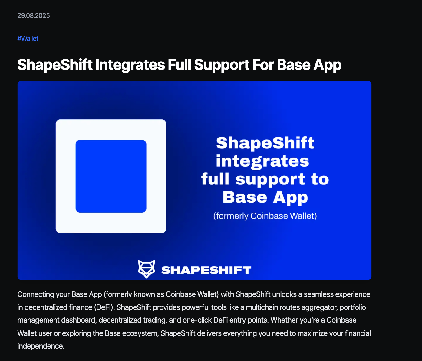 This image shows the article "ShapeShift Integrates Full Support for Base App"