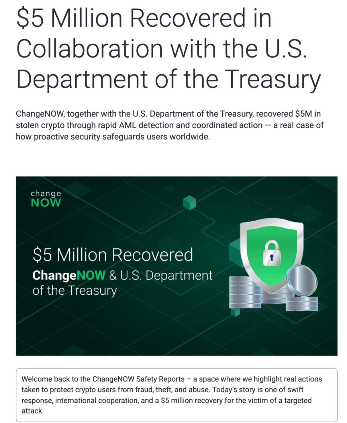 This image shows the ChangeNOW blog article "$5 Million Recovered in Collaboration with the U.S. Department of the Treasury."