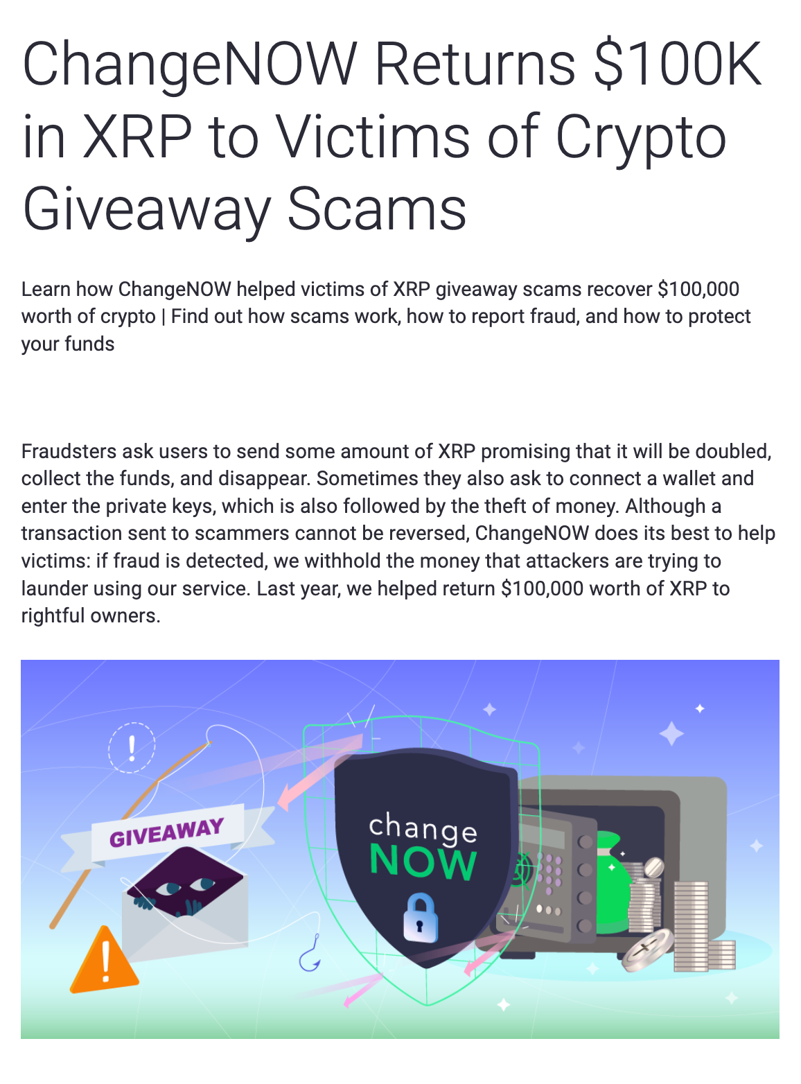 This image shows the article "How ChangeNOW Returns $100K in XPR to Victims of Crypto Giveaway Scams".