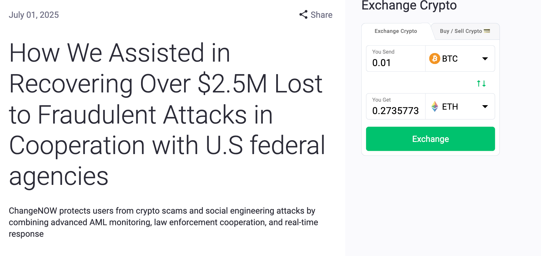 This image shows how ChangeNOW assisted in recovering over $2.5M lost to fraudulent attacks in cooperation with U.S. federal agencies, highlighting AML monitoring, law enforcement collaboration, and real-time response.
