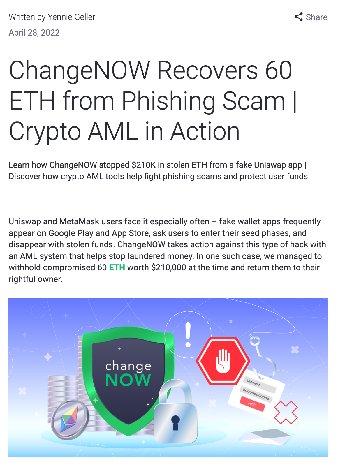 This picture shows how ChangeNOW Recovers 60 ETH from Phishing Scam : Crypto AML in Action article