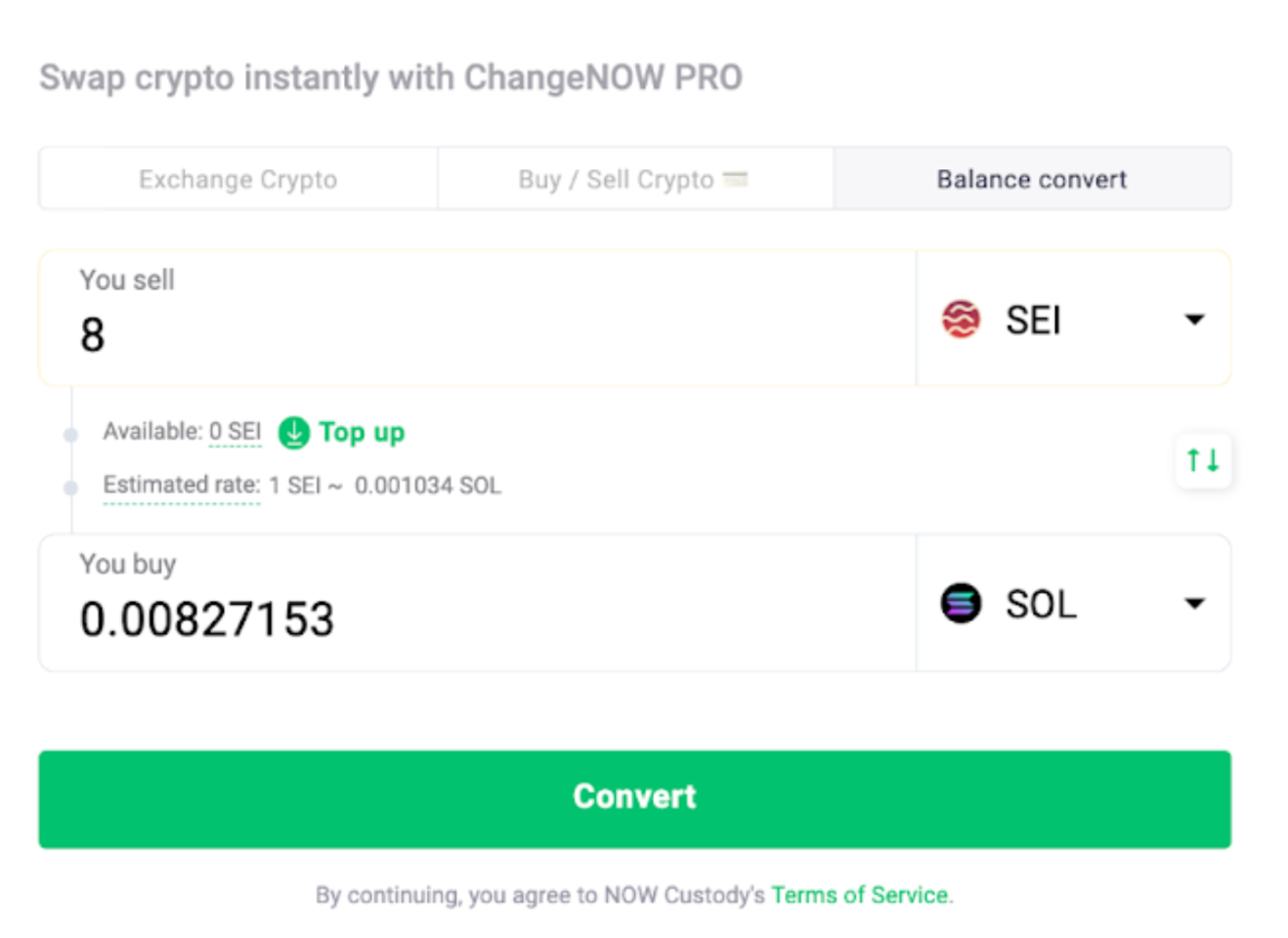 This image shows how you can swap crypto instantly with ChangeNOW PRO and the estimated rate.