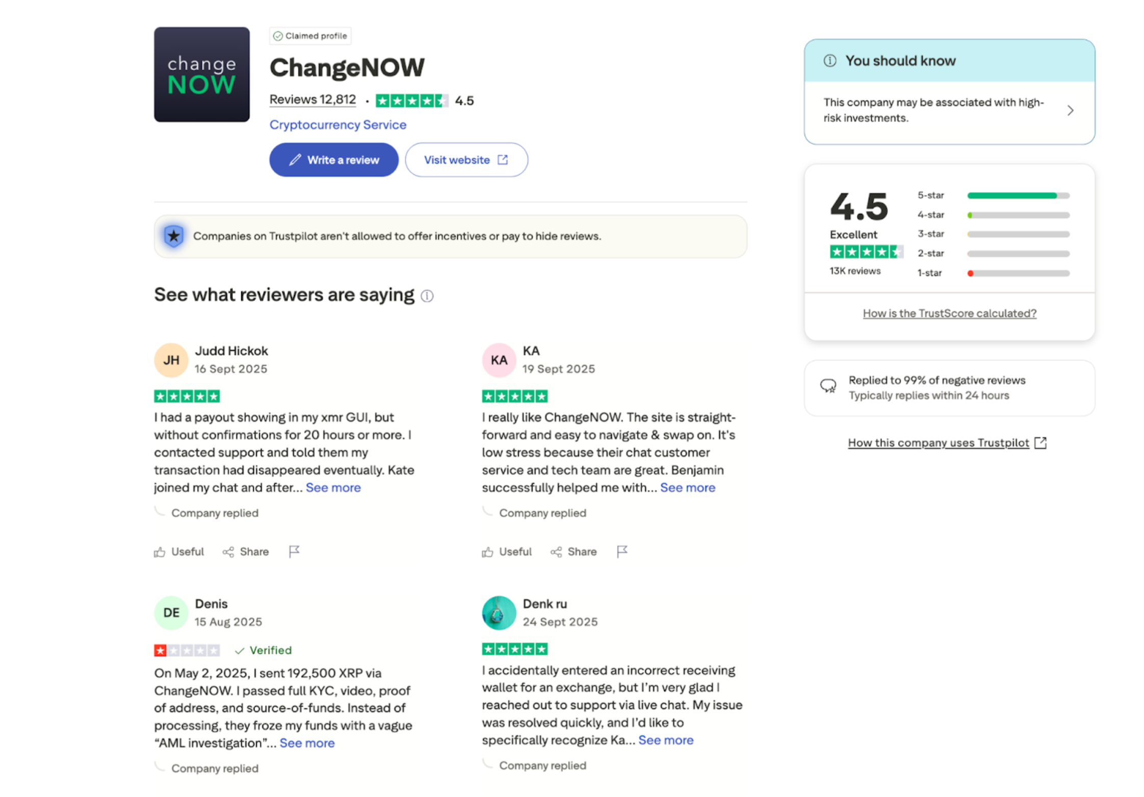 This image shows what the reviewers are saying about ChangeNOW on Trustpilot