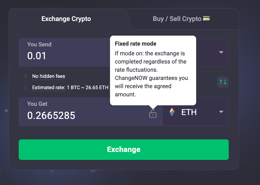 This picture shows ChangeNOW's exchange calculator Fixed rate mode explanation