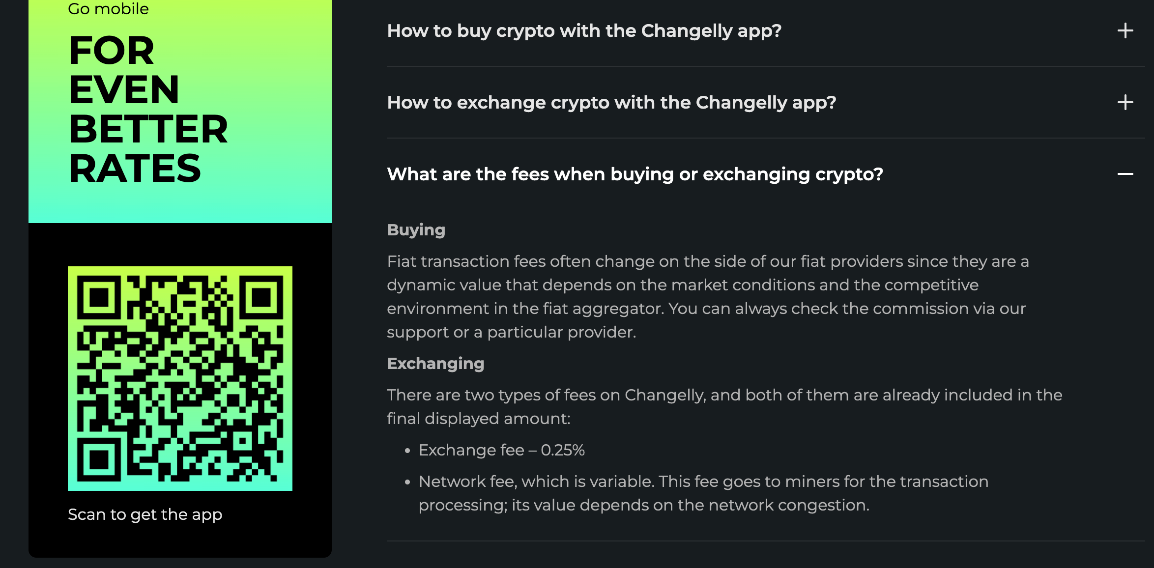 This image shows the FAQ section of Changelly and provides answers about the fees for buying or exchanging crypto.