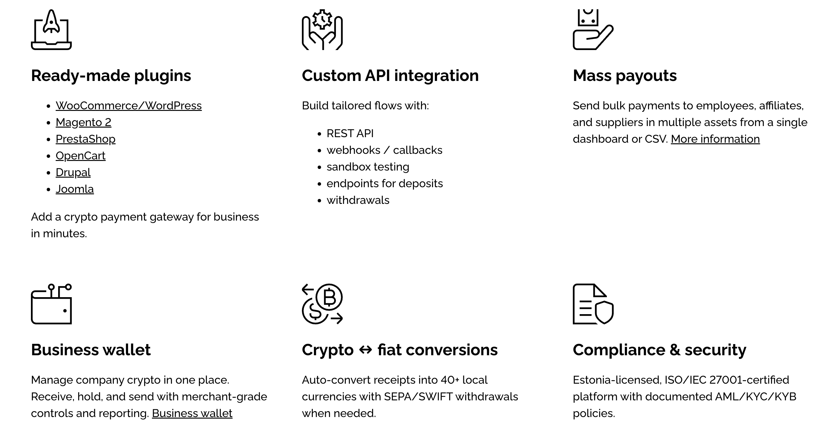 This image shows the CoinsPaid platform's features, including ready-made plugins for popular e-commerce platforms, custom API integration, mass payouts, a business wallet, crypto-to-fiat conversions, and compliance with security and regulatory standards.