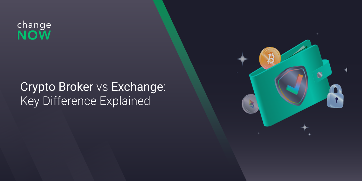 This image shows the name of the article "Crypto Broker vs Exchange: Key Difference Explained"