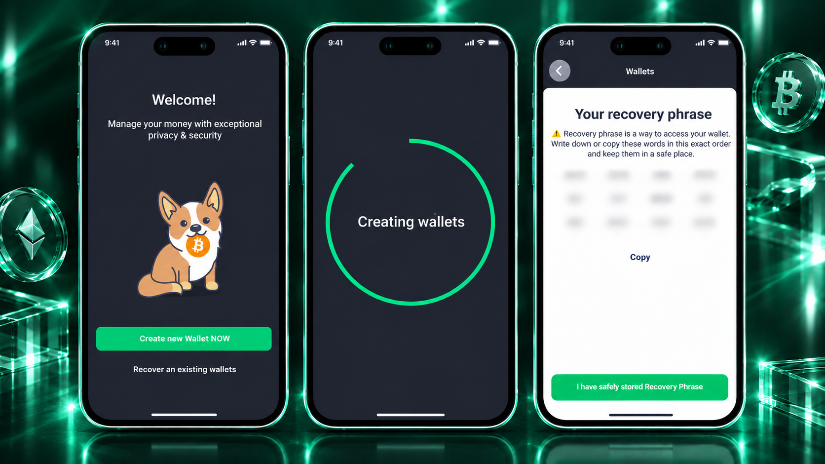 NOW Wallet setup screens: welcome screen, wallet creation and the recovery phrase screen