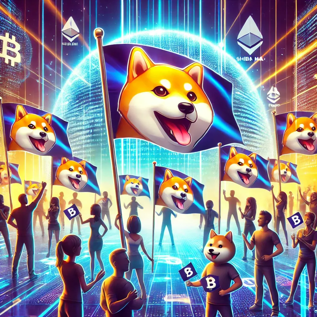 DALL·E 2024-10-08 16.09.16 - A vibrant and dynamic digital illustration of the 'Shib Army' community, featuring people and Shiba Inu dog characters holding flags prominently displ.webp