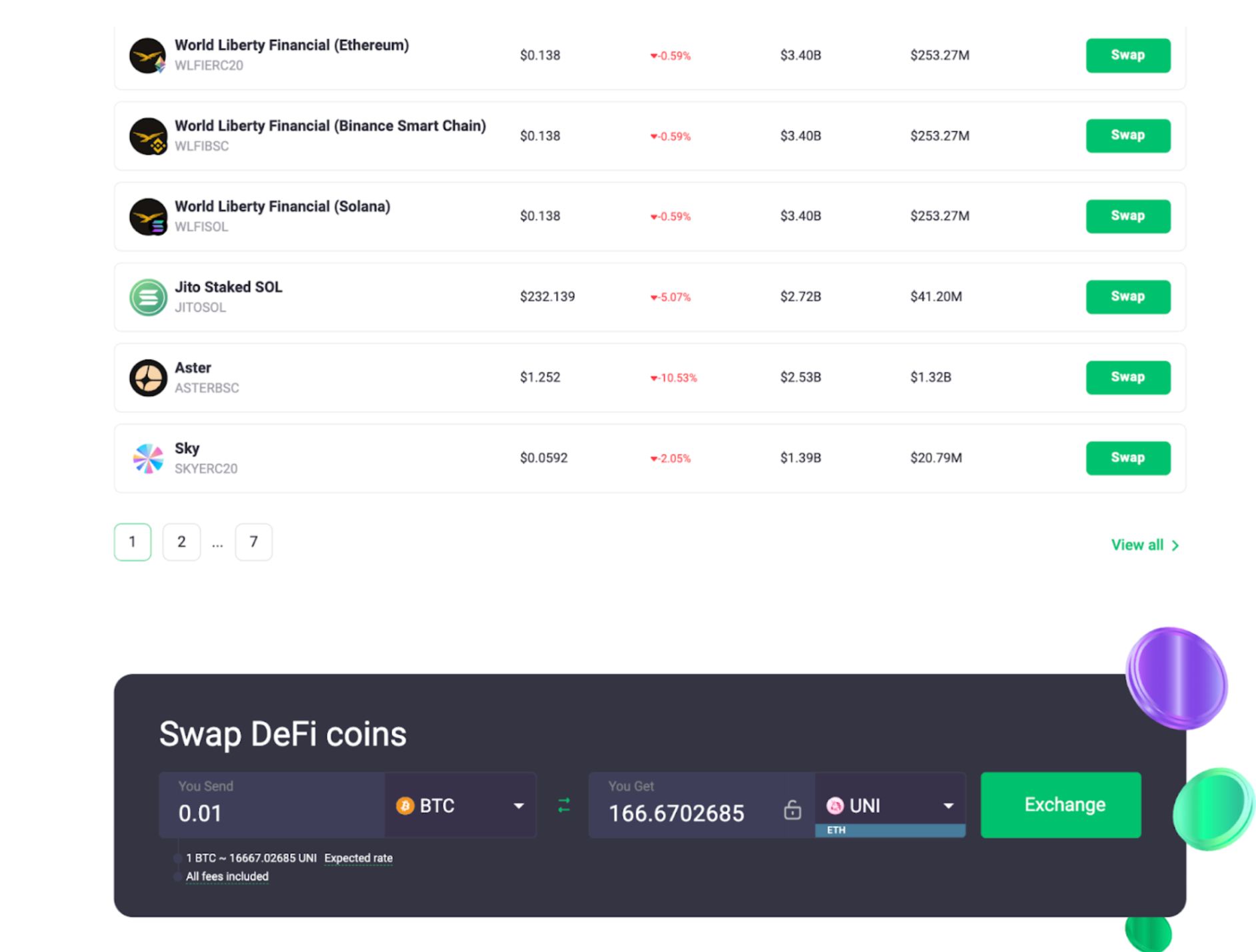 This image shows DeFi coins available on ChangeNOW and how to swap them using the calculator.