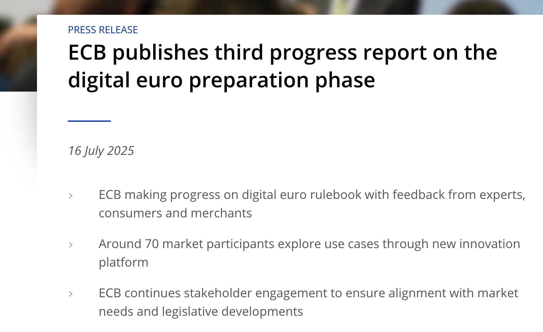 This image shows the press release of the European Central Bank (ECB) publishing its third progress report on the digital euro preparation phase.