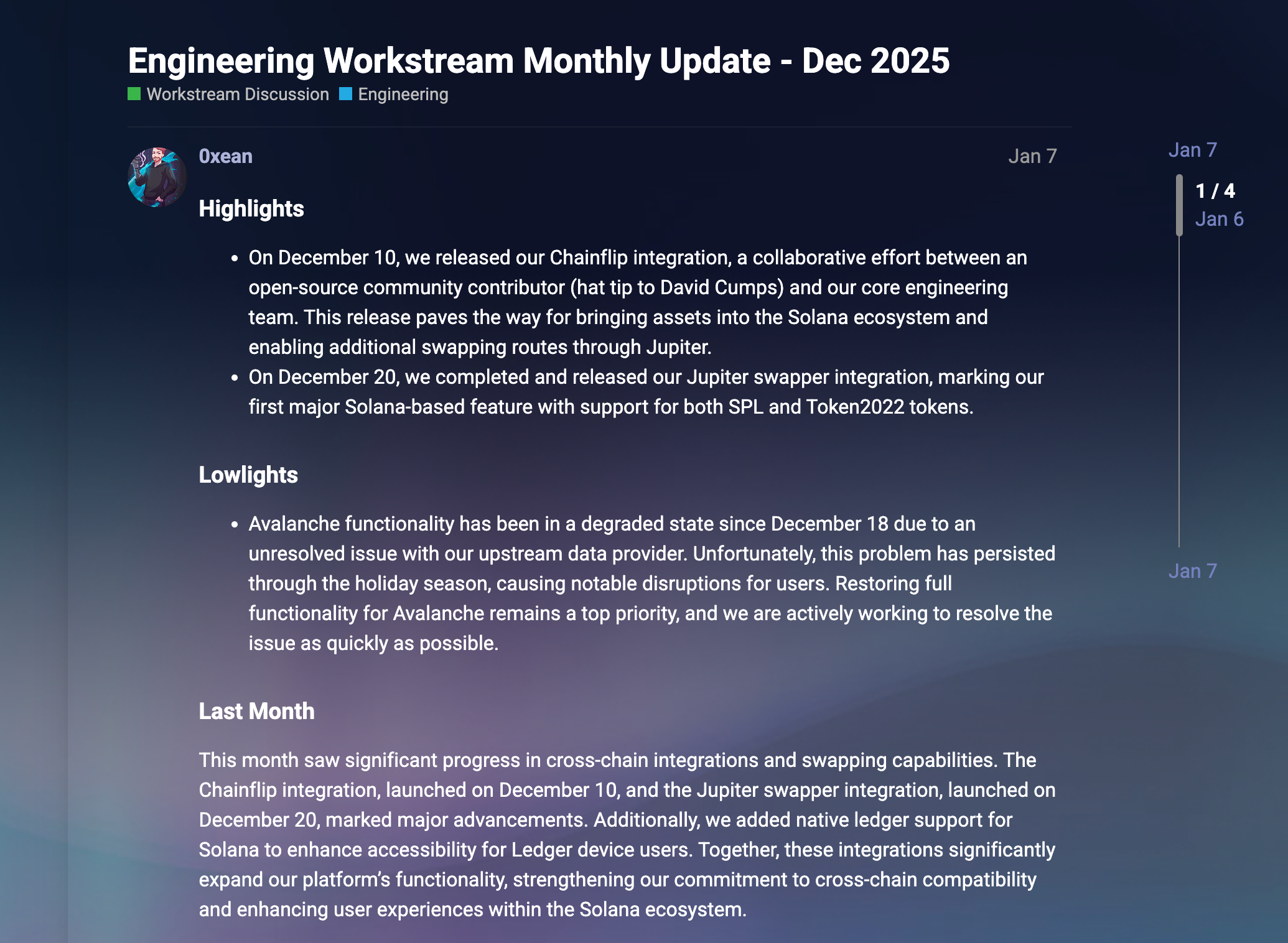 This image shows the Engineering Workstream Monthly Update - Dec 2025
