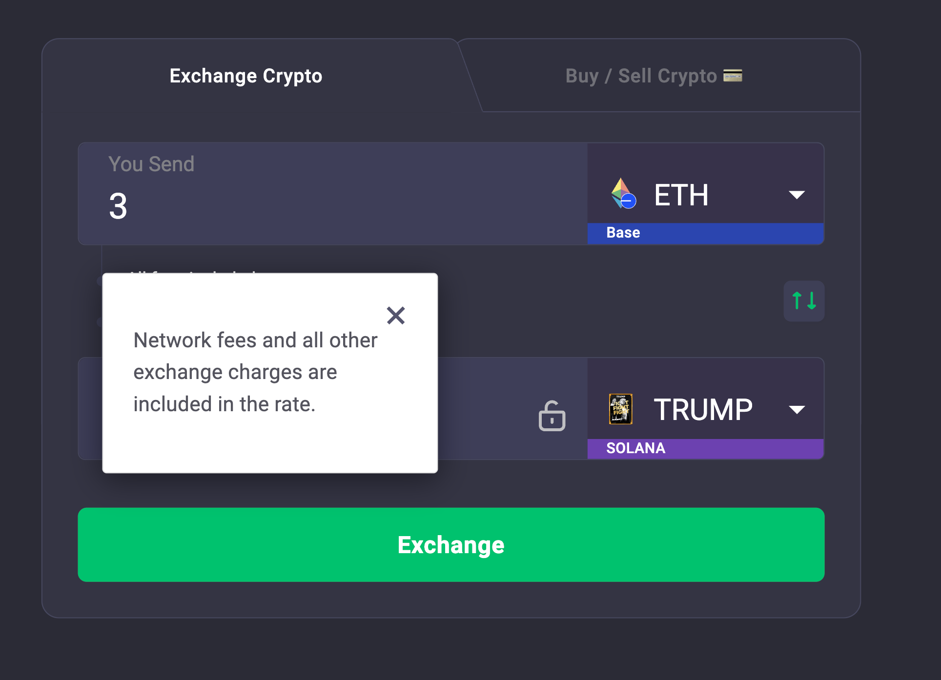 This image shows the ChangeNOW Crypto Exchange Calculator, including network fees and all other charges in the displayed rate.