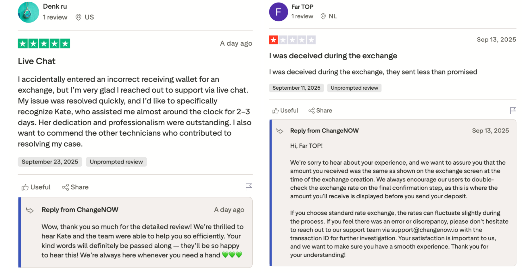 Positive and negative feedback with good comment and negative one. ChangeNOW custom support replied fast and explained all crystal clear