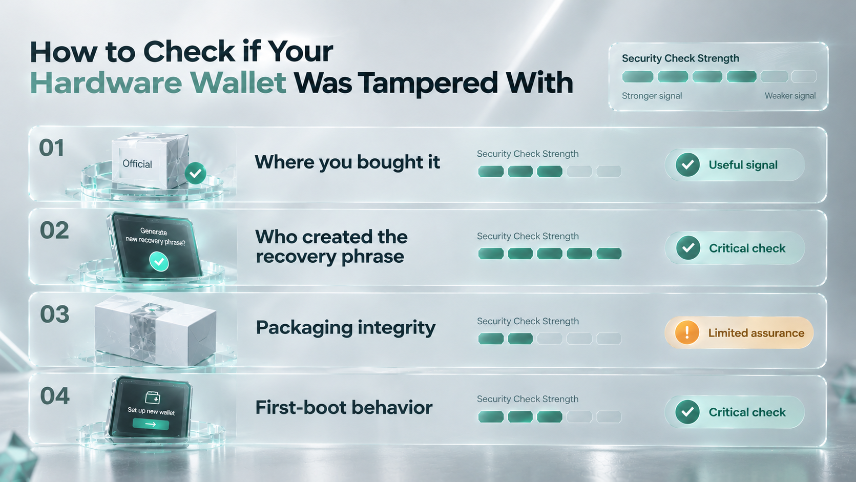 Futuristic infographic showing four hardware wallet security checks, with sleek 3D device and packaging visuals, teal security strength scales, and status indicators on a light silver background.