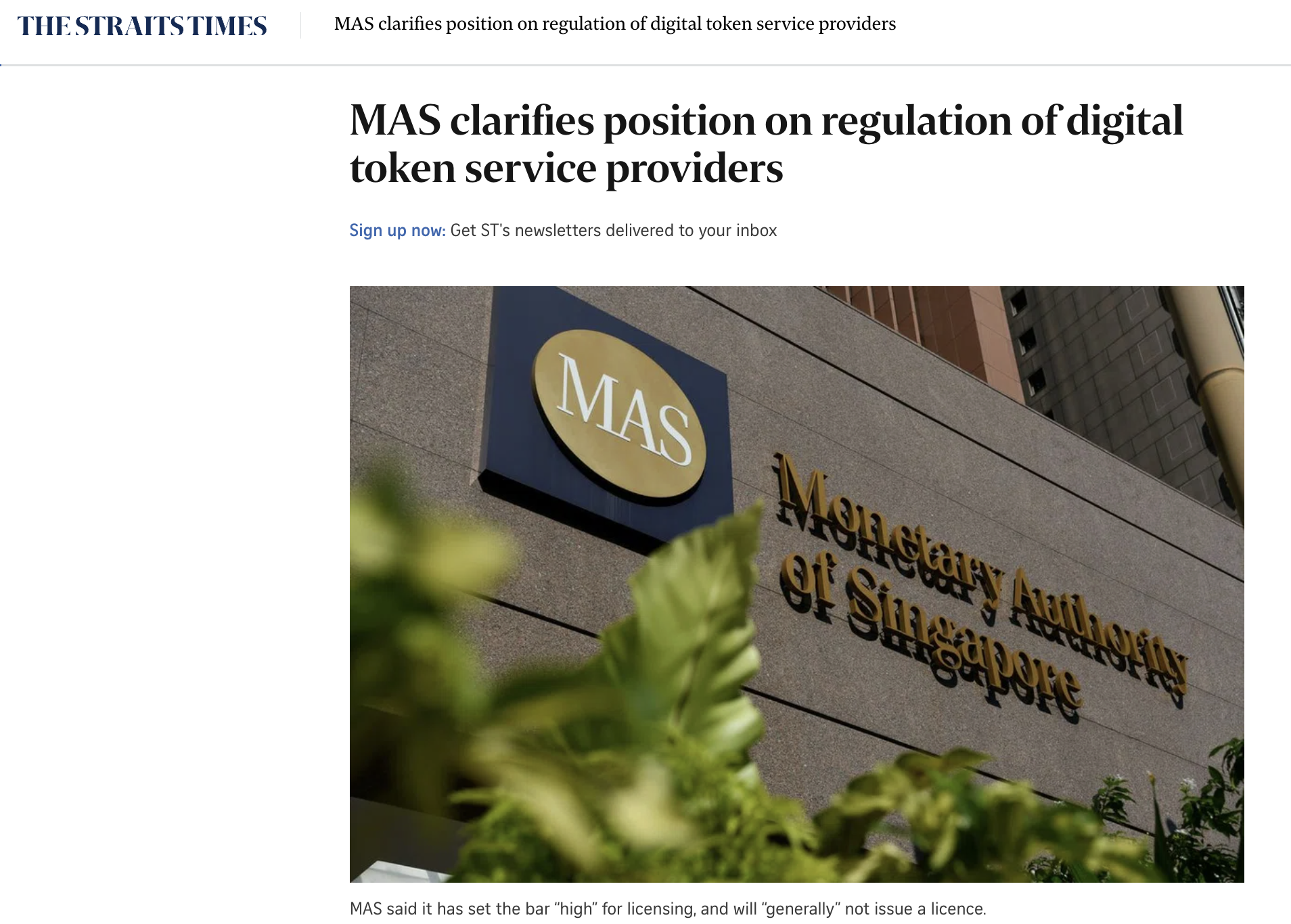 This image shows the article: "MAS clarifies position on regulation of digital token service providers".