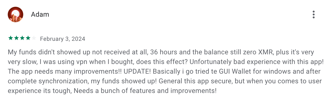 This picture shows review about Monerujo. User claims that the app needs more frequent updates