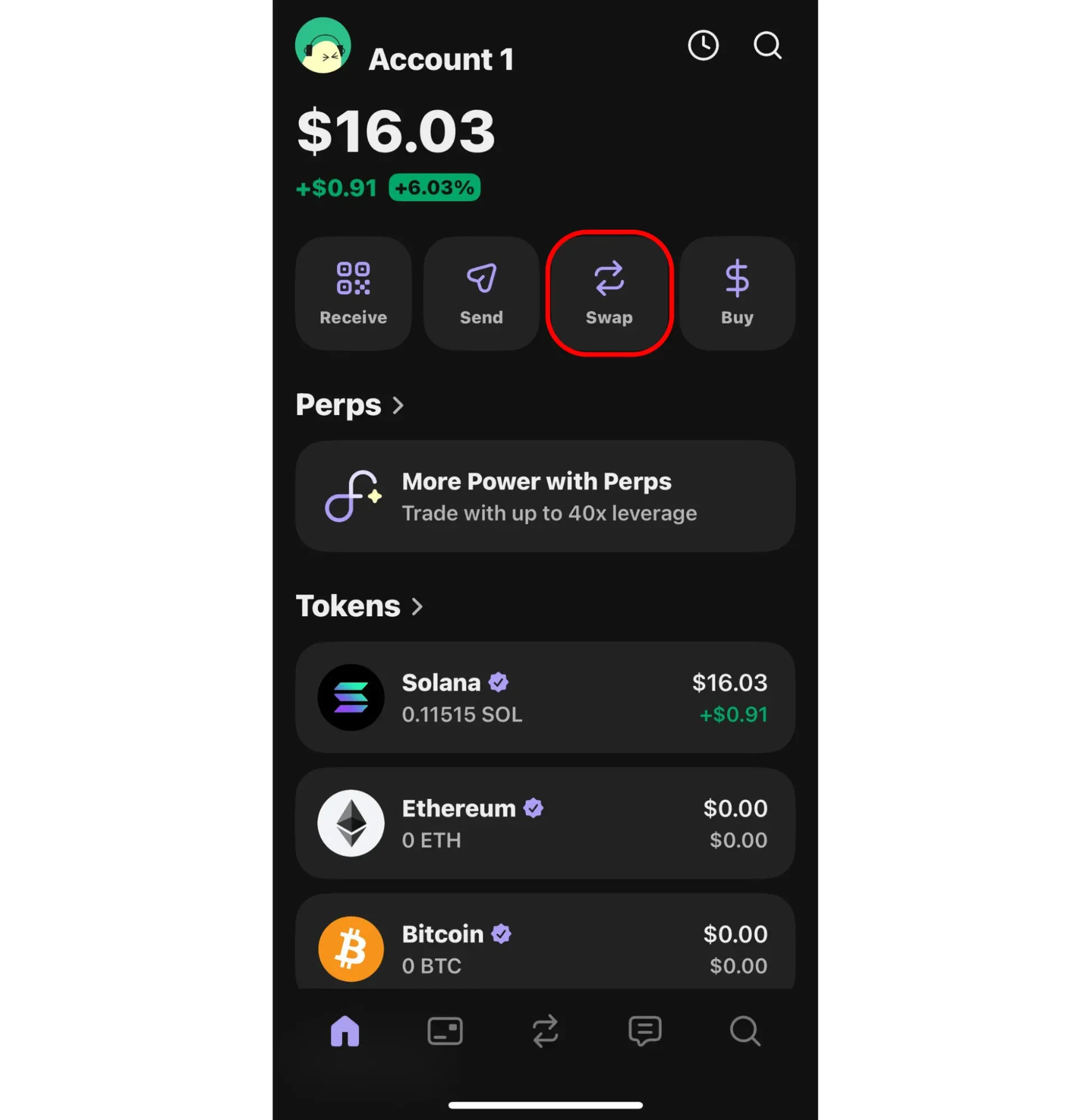 The picture shows how to click the Swap button in Phanton wallet