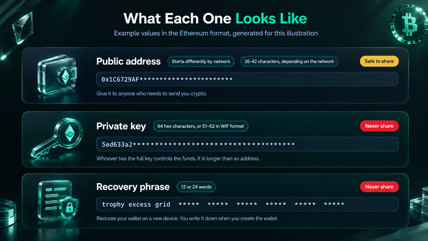 Public address, private key and recovery phrase side by side: only the address is safe to share