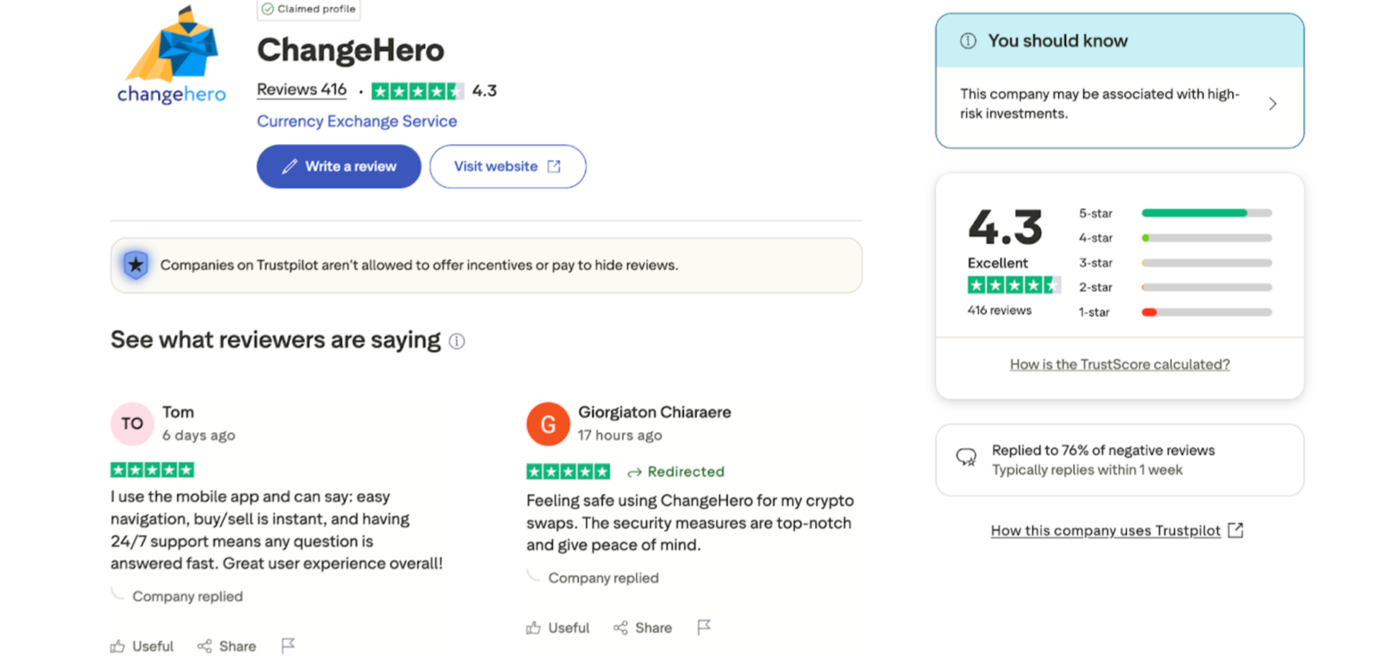 This picture shows ChangeHero's rating on Trustpilot