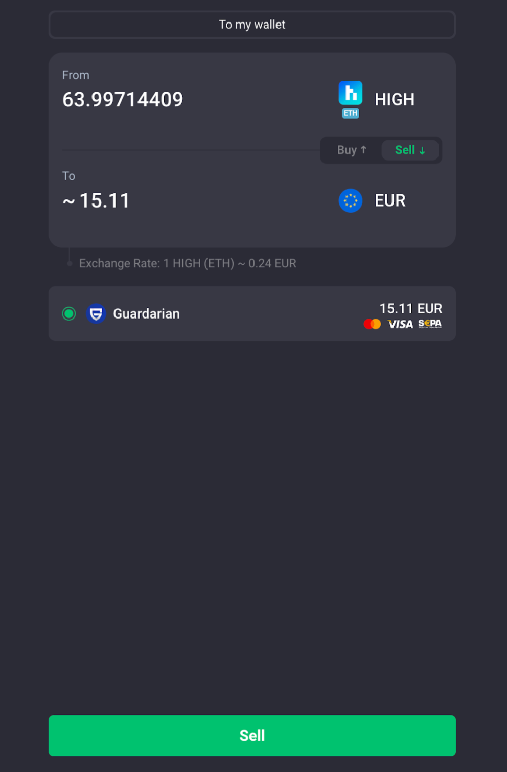 This image shows a cryptocurrency exchange interface where a user is about to sell 63.99714409 HIGH (ETH) for approximately 15.11 EUR.