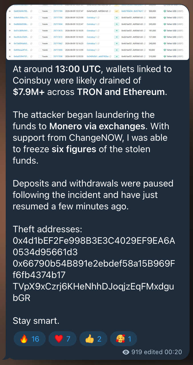 Specter Analyst flagged outflows from Coinsbuy across Ethereum and Tron blockchains