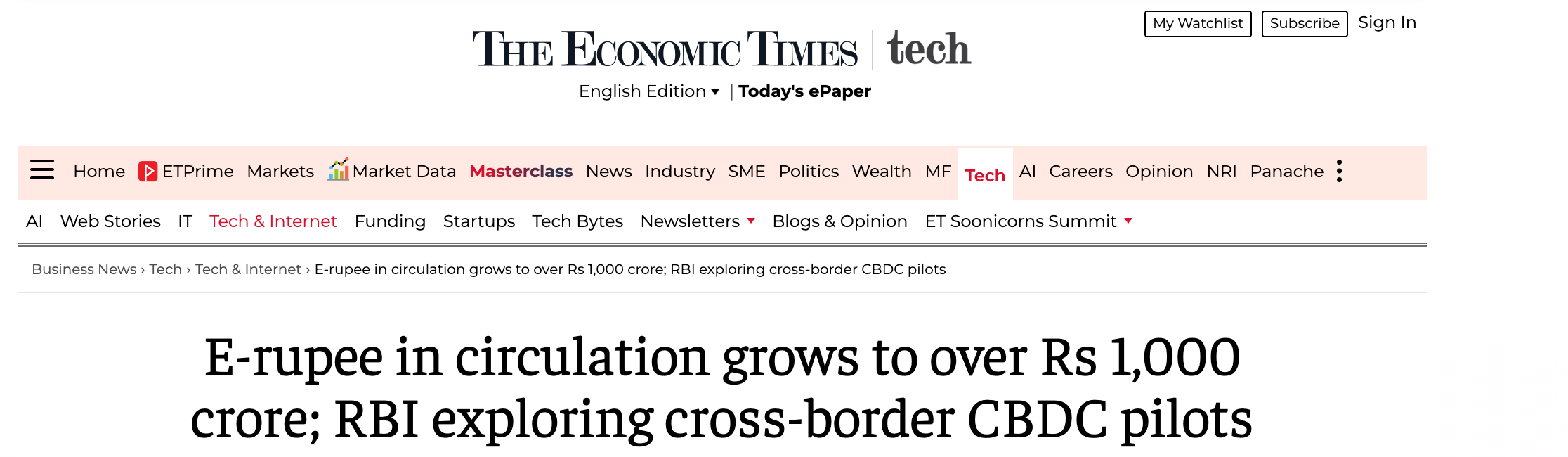 This image shows the article about E-rupee's growth over Rs 1,000 crore.
