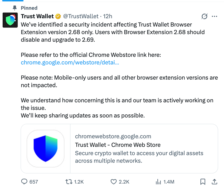 Trust Wallet X account: "e’ve identified a security incident affecting Trust Wallet Browser Extension version 2.68 only. Users with Browser Extension 2.68 should disable and upgrade to 2.69."