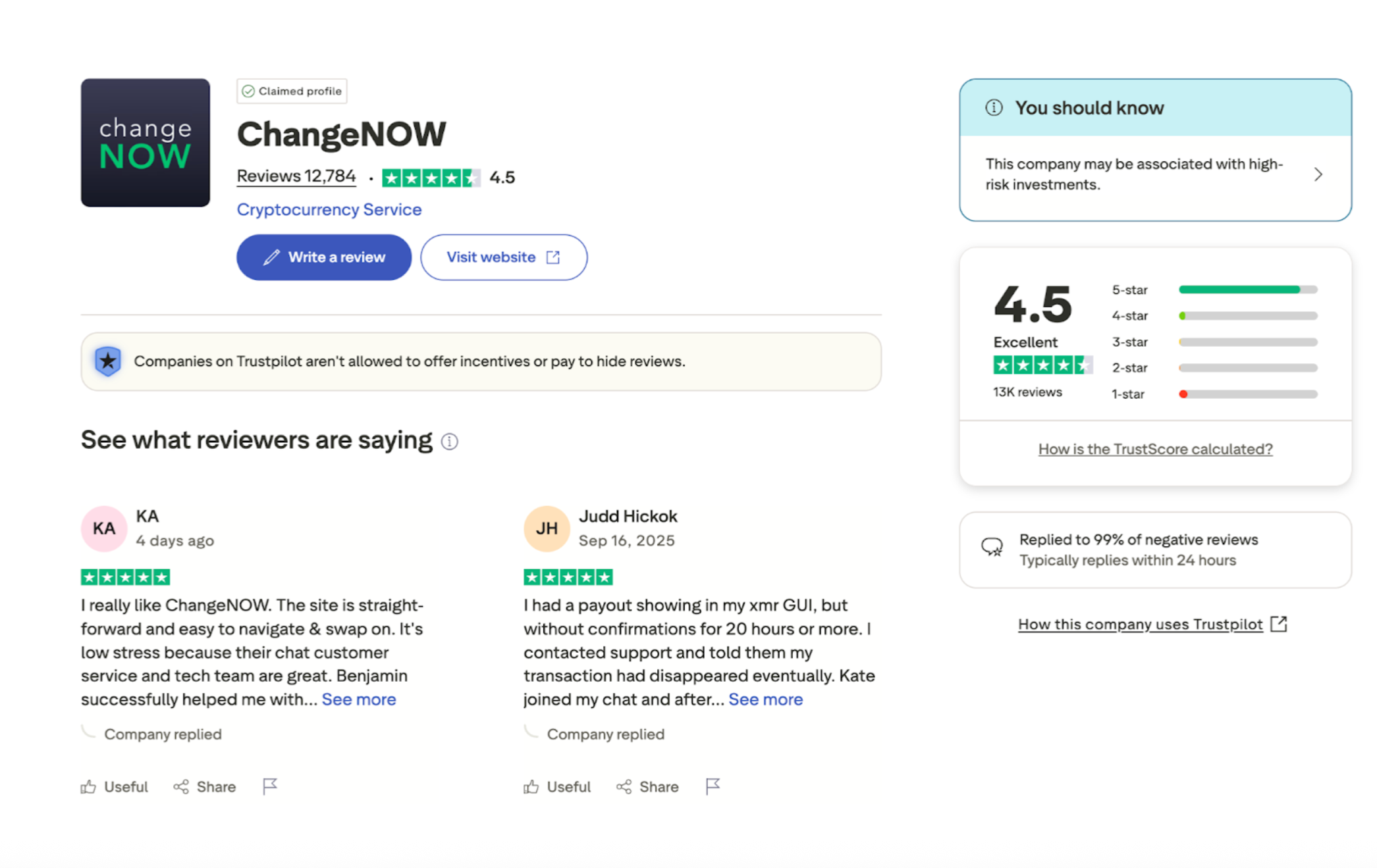 This picture shows reviews of ChangeNOW on Trustpilot