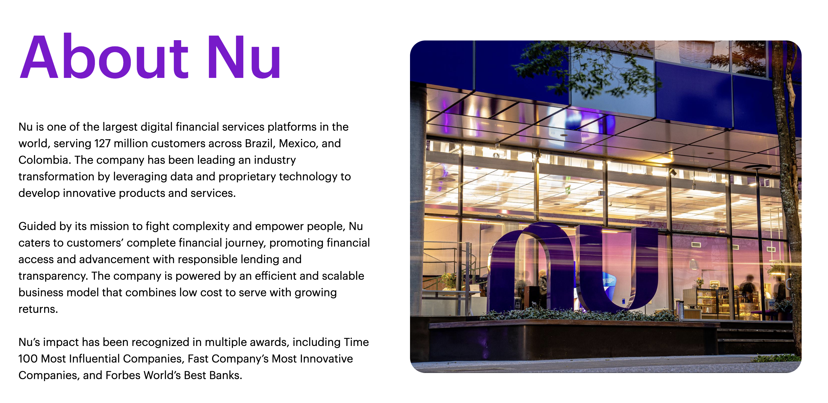 Nubank “About Nu” webpage showing the company overview section.