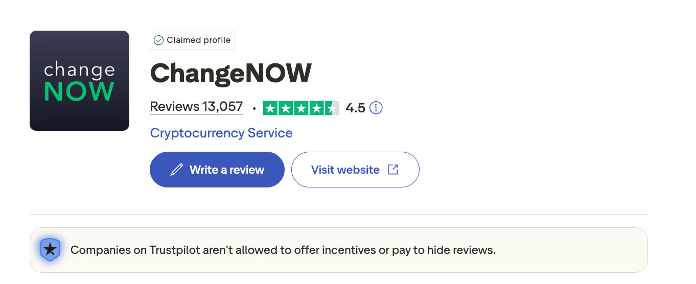ChangeNOW's 4.5 score at Trustpilot