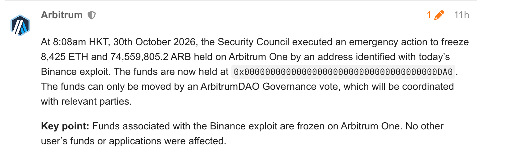 Arbitrum incident report (Binance hack)