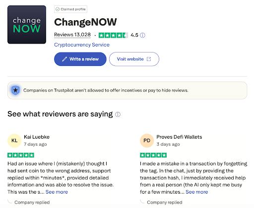 This picture shows ChangeNOW's score on Trustpilot