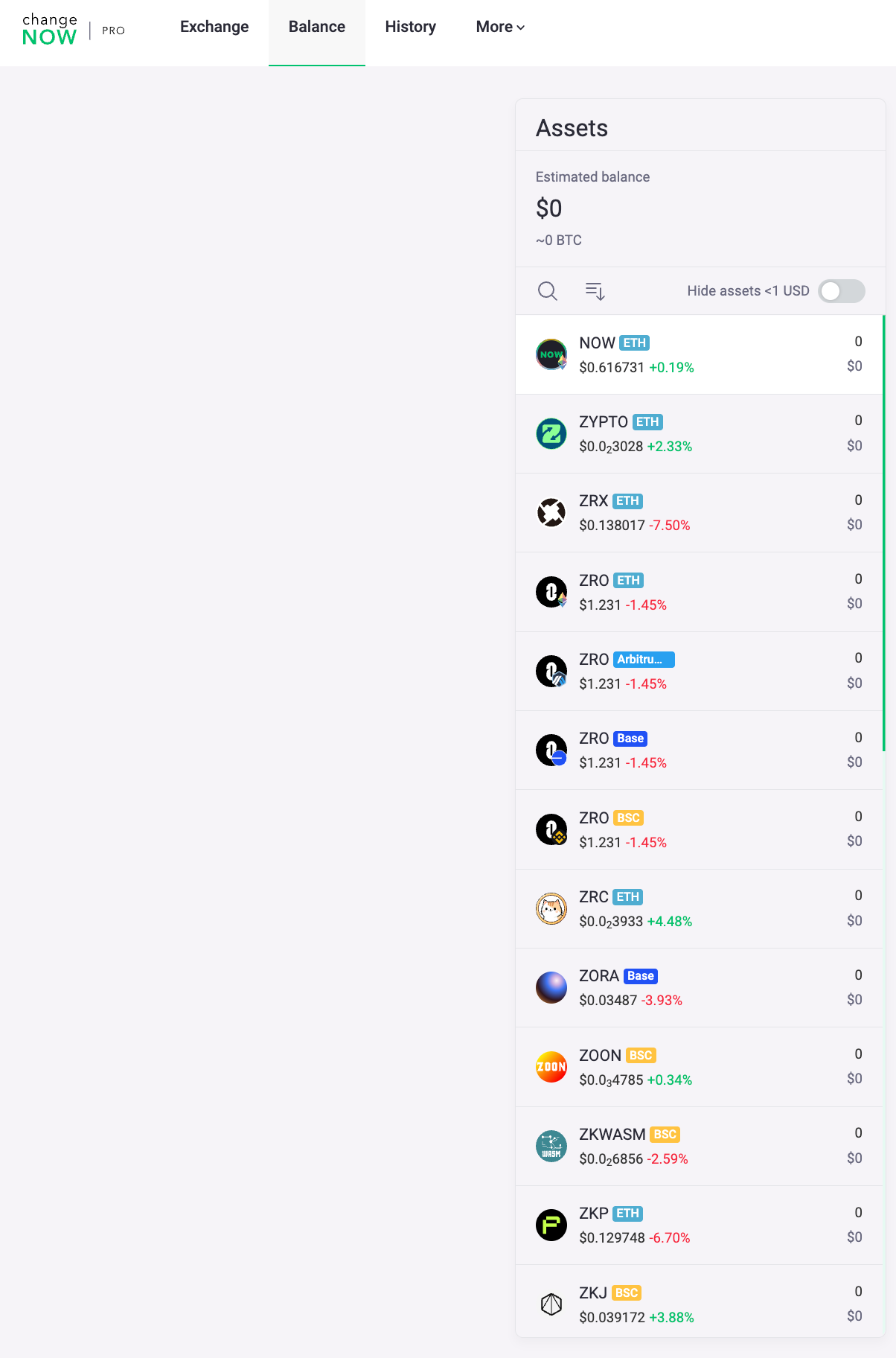 This image shows the ChangeNOW Pro real-time prices page, where you can have full control over the holdings.