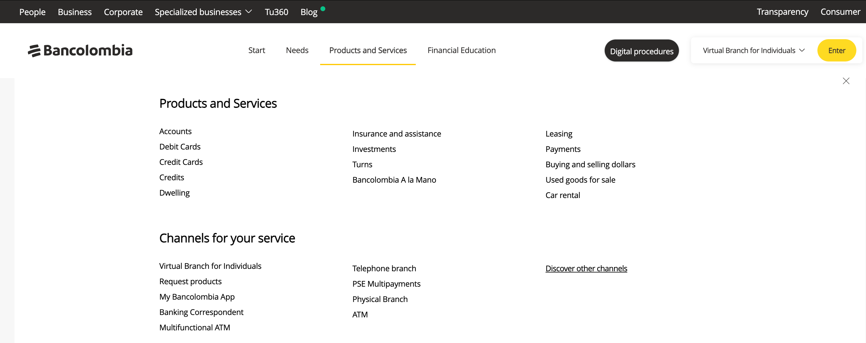 This image shows the products and services page of Bancolombia.