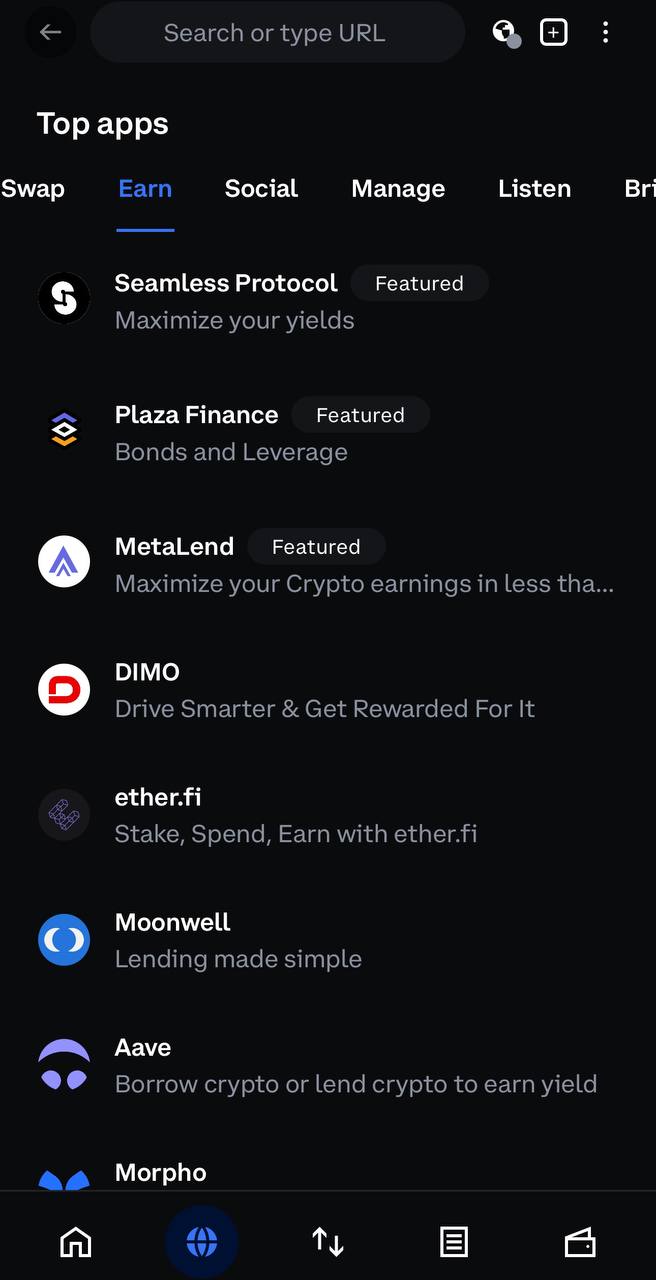 This screenshot shows Base wallet interface with dApps connection