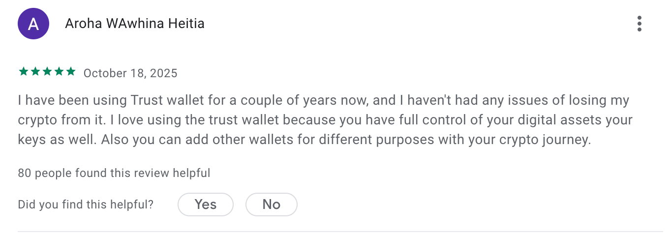 this picture shows Trust wallet positive review about 1-year experience of using the app