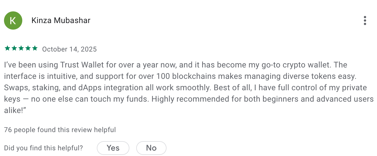 this picture shows Trust wallet positive review praising large number of networks support
