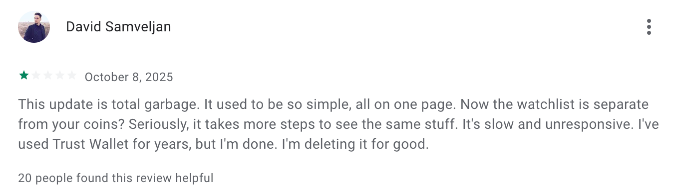 this picture shows Trust wallet negative review about upgrade