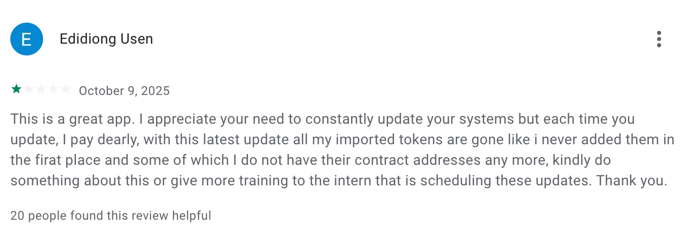 this picture shows Trust wallet negative review about recent upgrade
