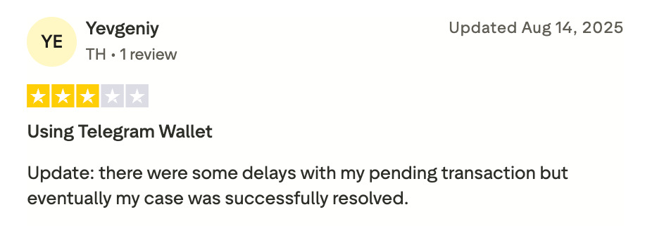 this picture shows negative review about Telegram wallet. User tells about pending transaction