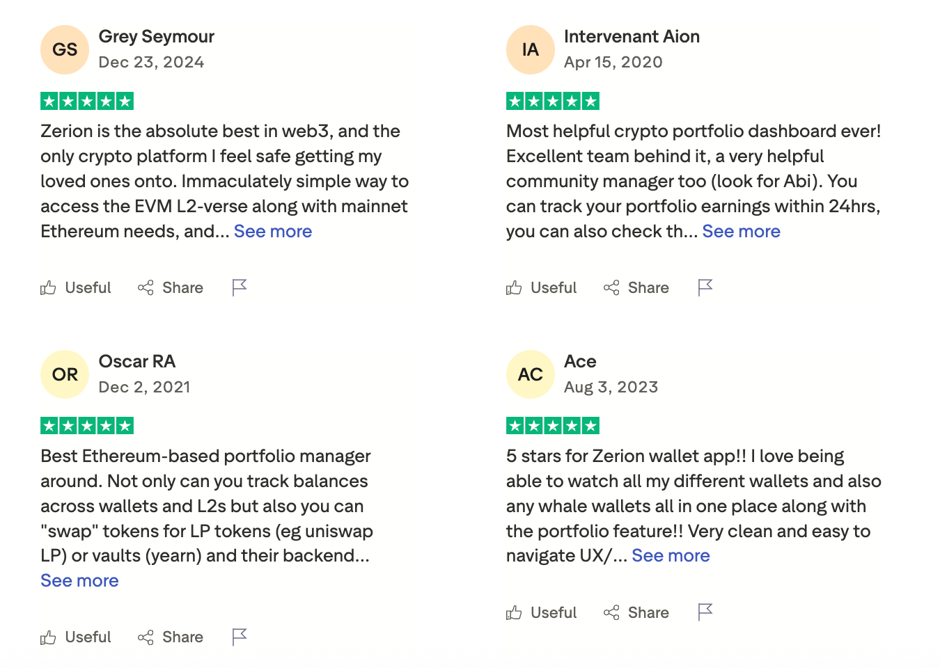 this picture shows Zerion reviews from Trustpilot all with 5 stars