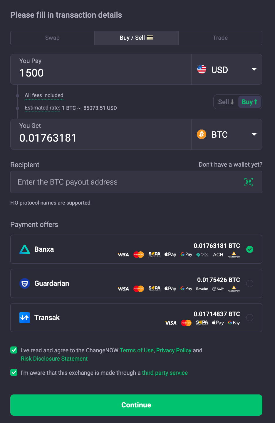ChangeNOW Buy Page.